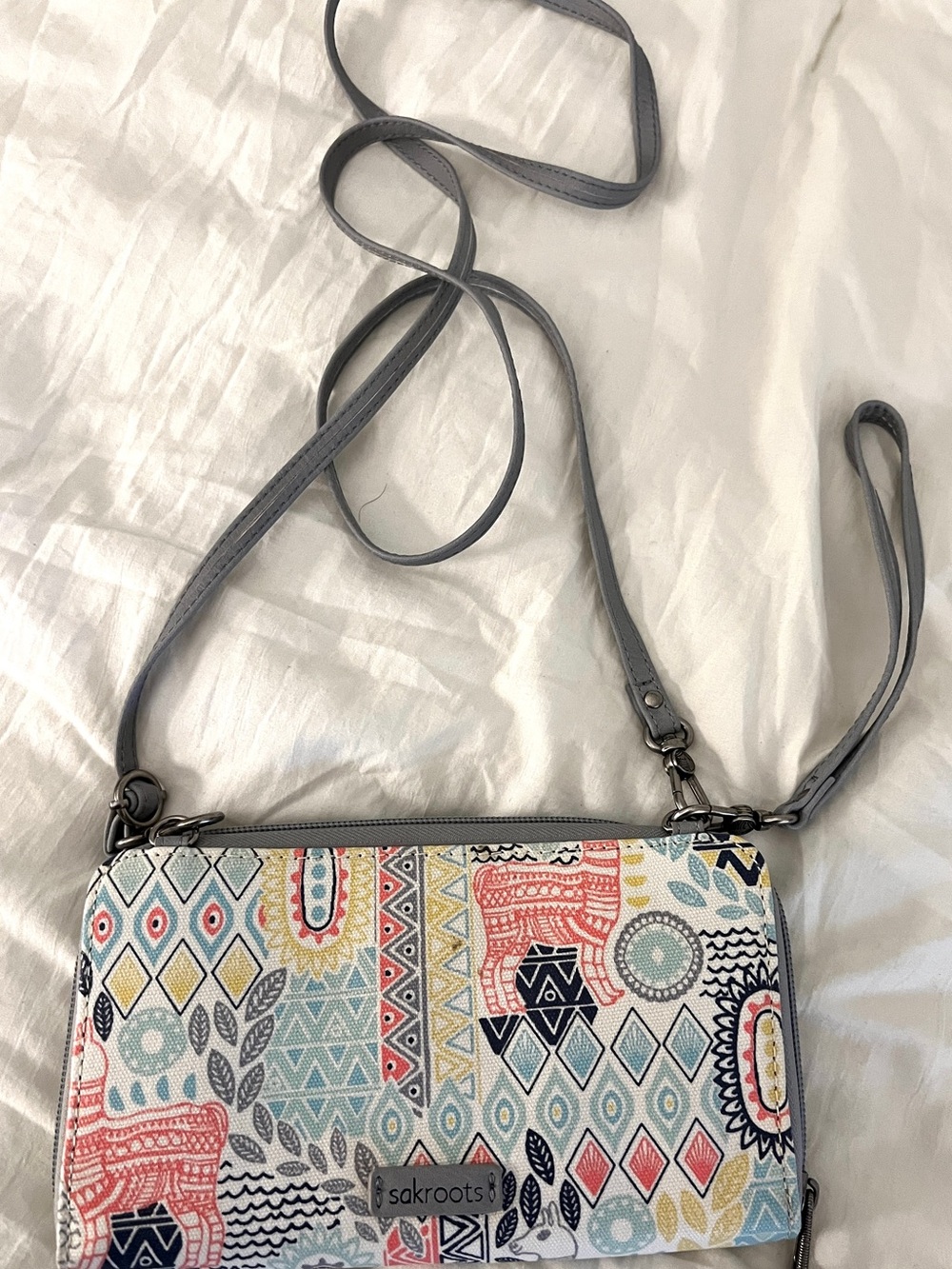 Sakroots Multicolor Geometric Elephant Print Crossbody with Gray Strap